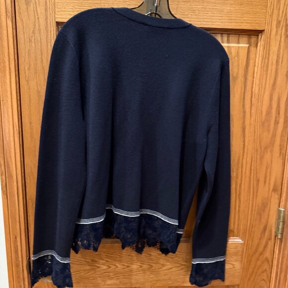 Tory Burch Merino Wool Cardigan, Navy with Velvet Lace Trim, XL - Picture 2 of 5